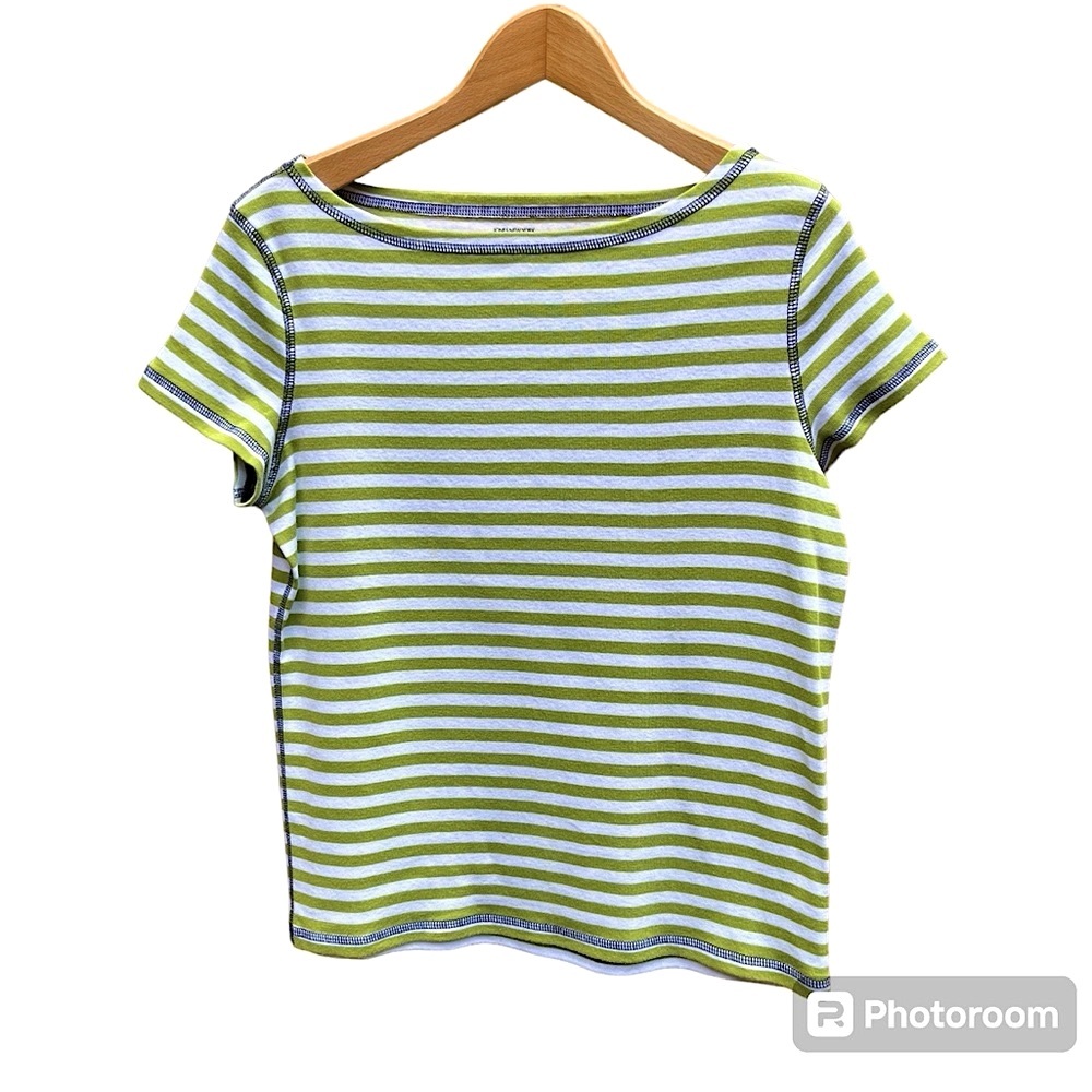 Jones New York Sport | Striped Cotton Cap Sleeve T-Shirt | Green/White | Size L